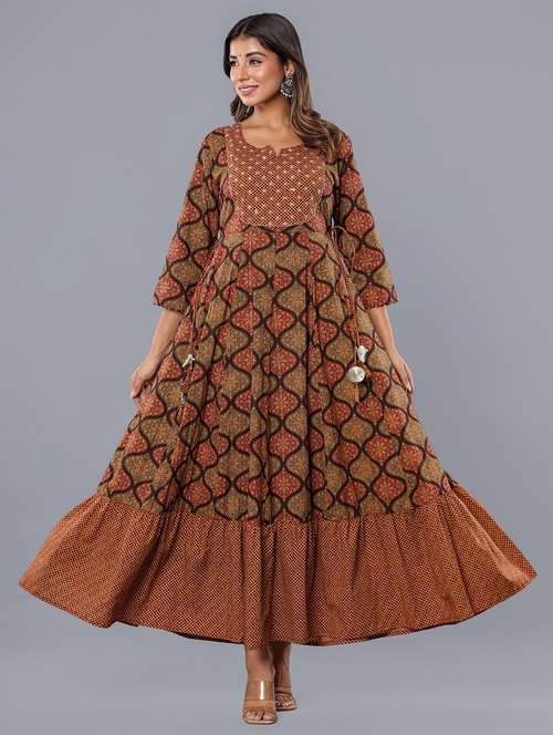 women printed three quarter sleeve tiered ethnic dress - 22071555 - Standard Image - 0