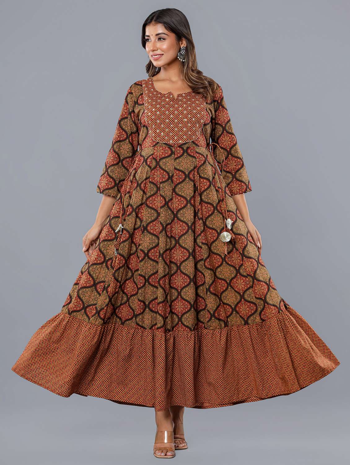 women printed three quarter sleeve tiered ethnic dress - 22071555 - Zoom Image - 0