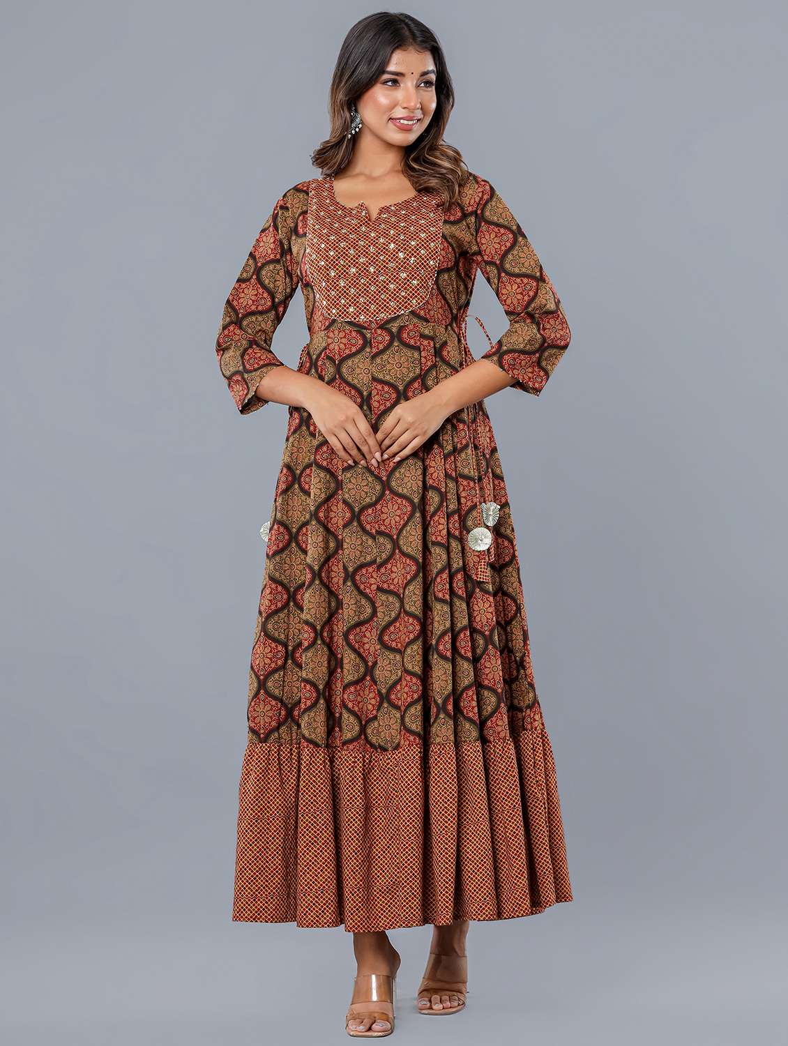 women printed three quarter sleeve tiered ethnic dress - 22071555 - Standard Image - 2