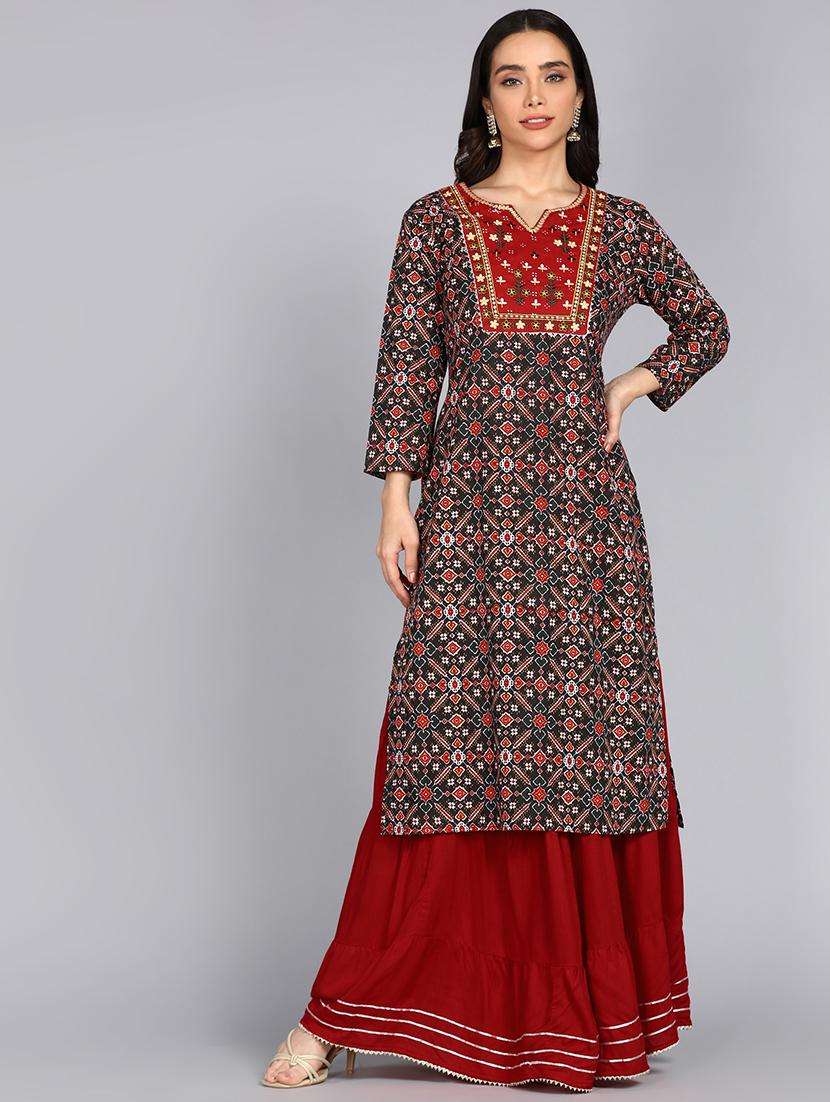 women printed three quarter sleeve straight kurta - 22071556 -  Standard Image - 2