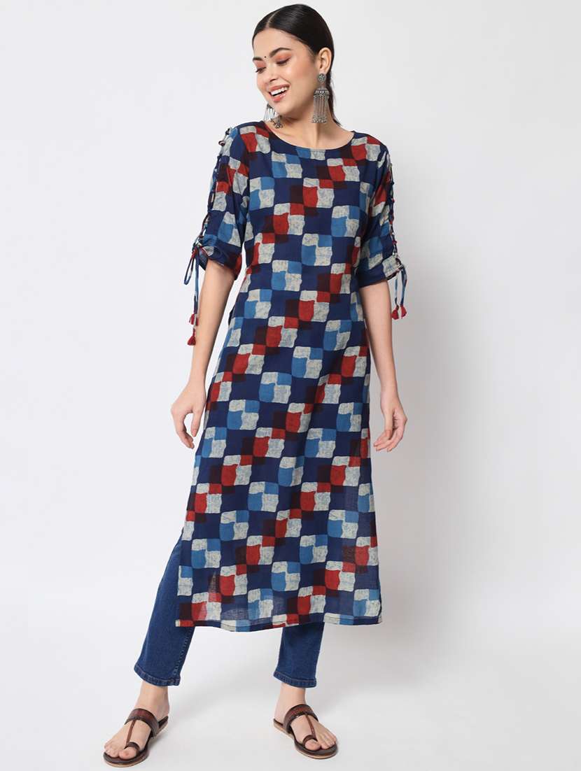 women printed three quarter sleeve straight kurta
