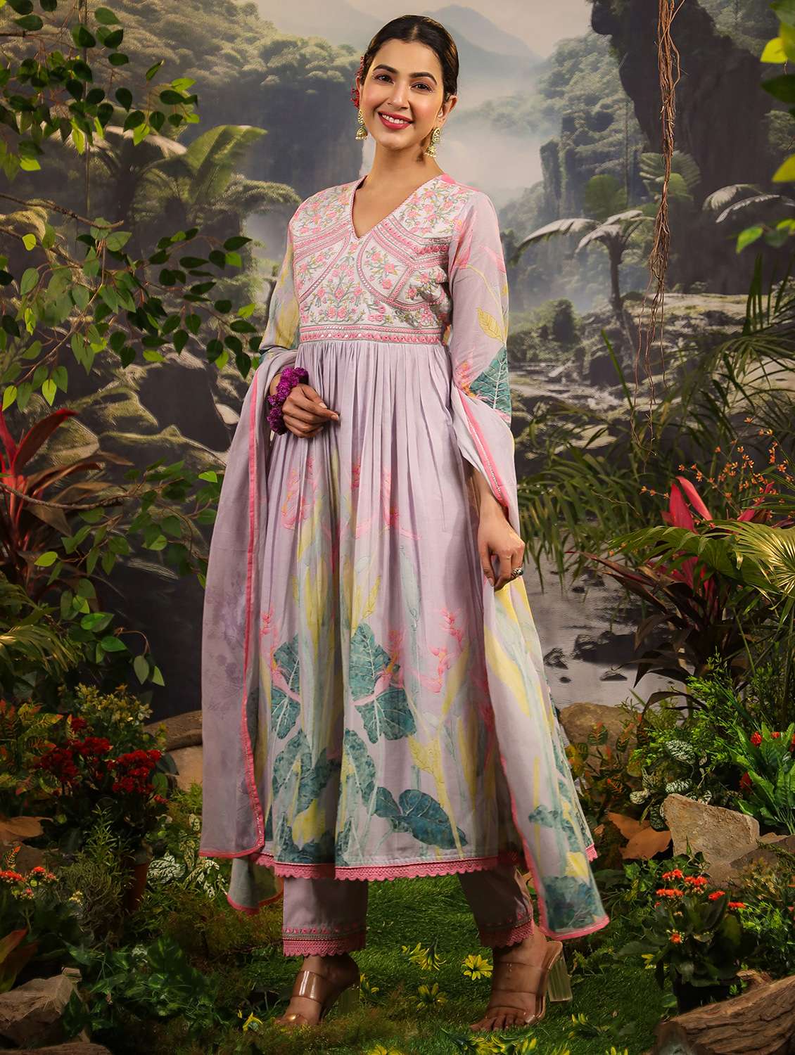 women long sleeve anarkali kurta pant with dupatta set