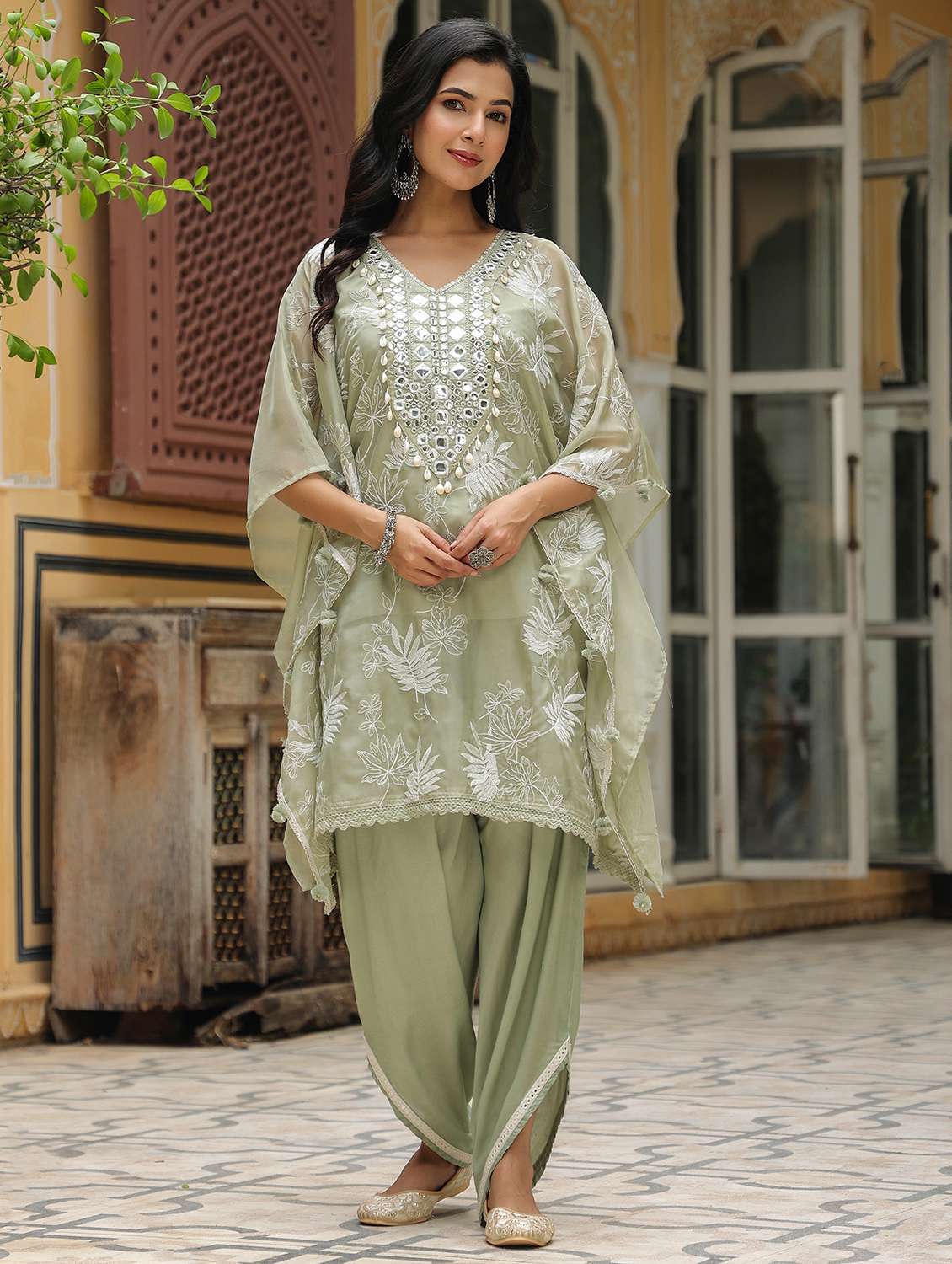 women embroidered kaftan and dhoti set