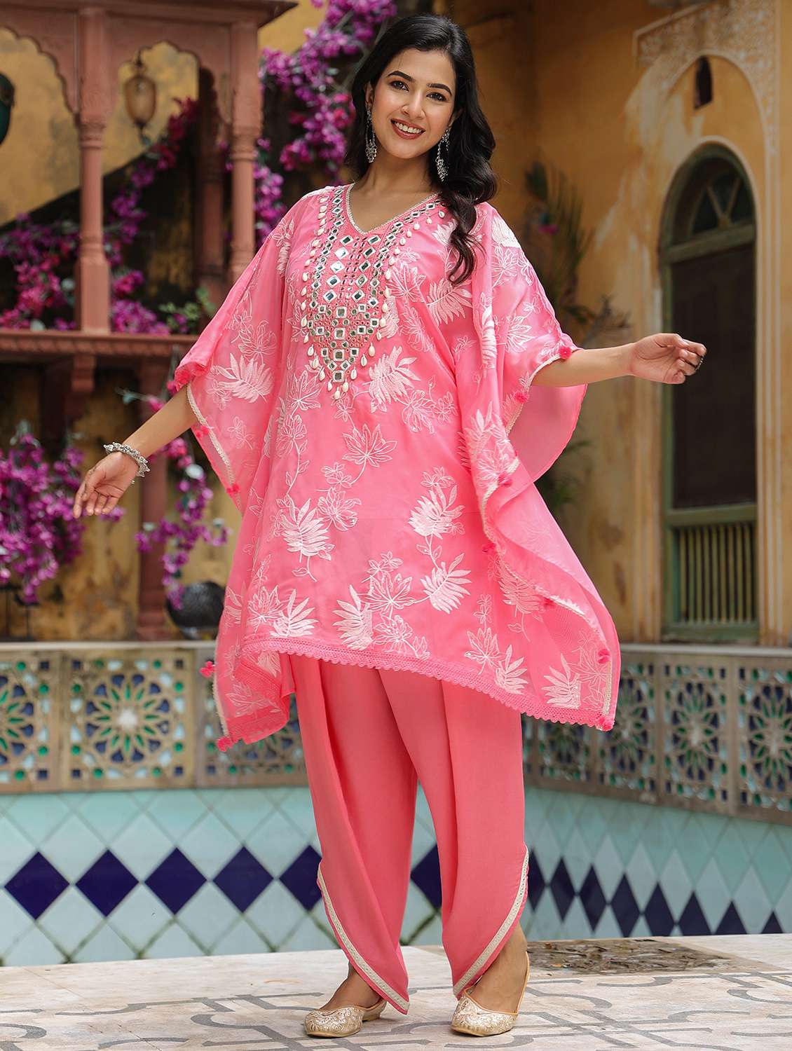 women embroidered kaftan and dhoti set