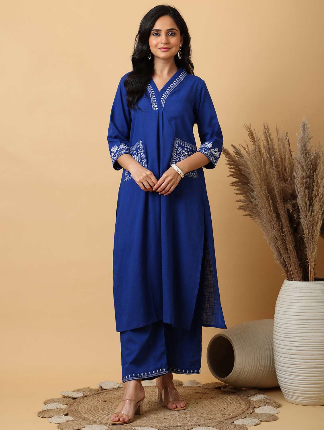 women solid with work v neck kurta palazzo set