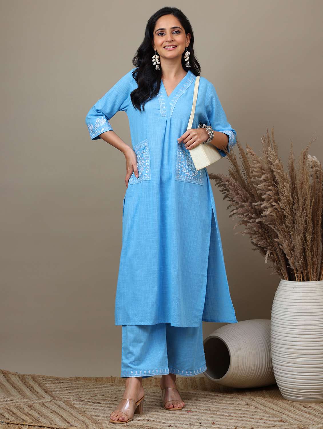women solid with work v neck kurta palazzo set