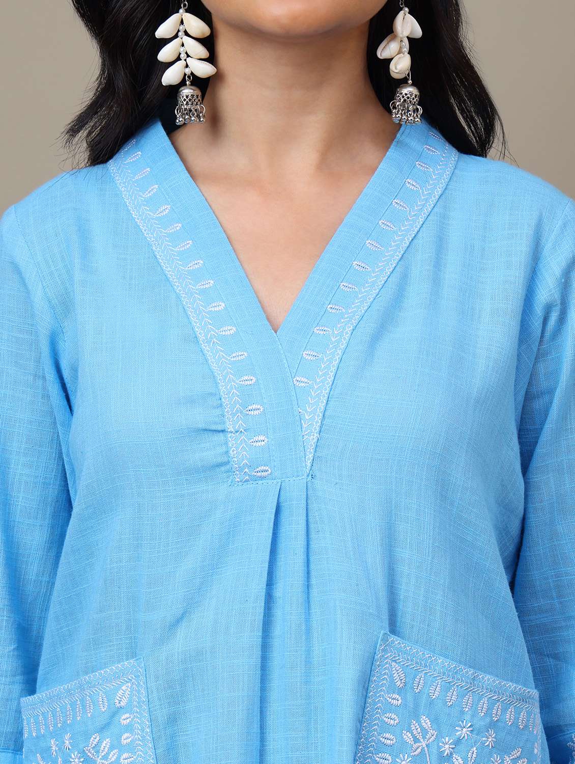 women solid with work v neck kurta palazzo set - 22071577 - Standard Image - 2
