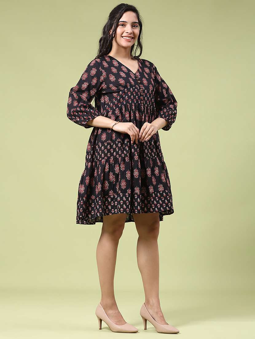 Women Printed Three Quarter Sleeves Tiered Dress - 22071718 -  Standard Image - 2