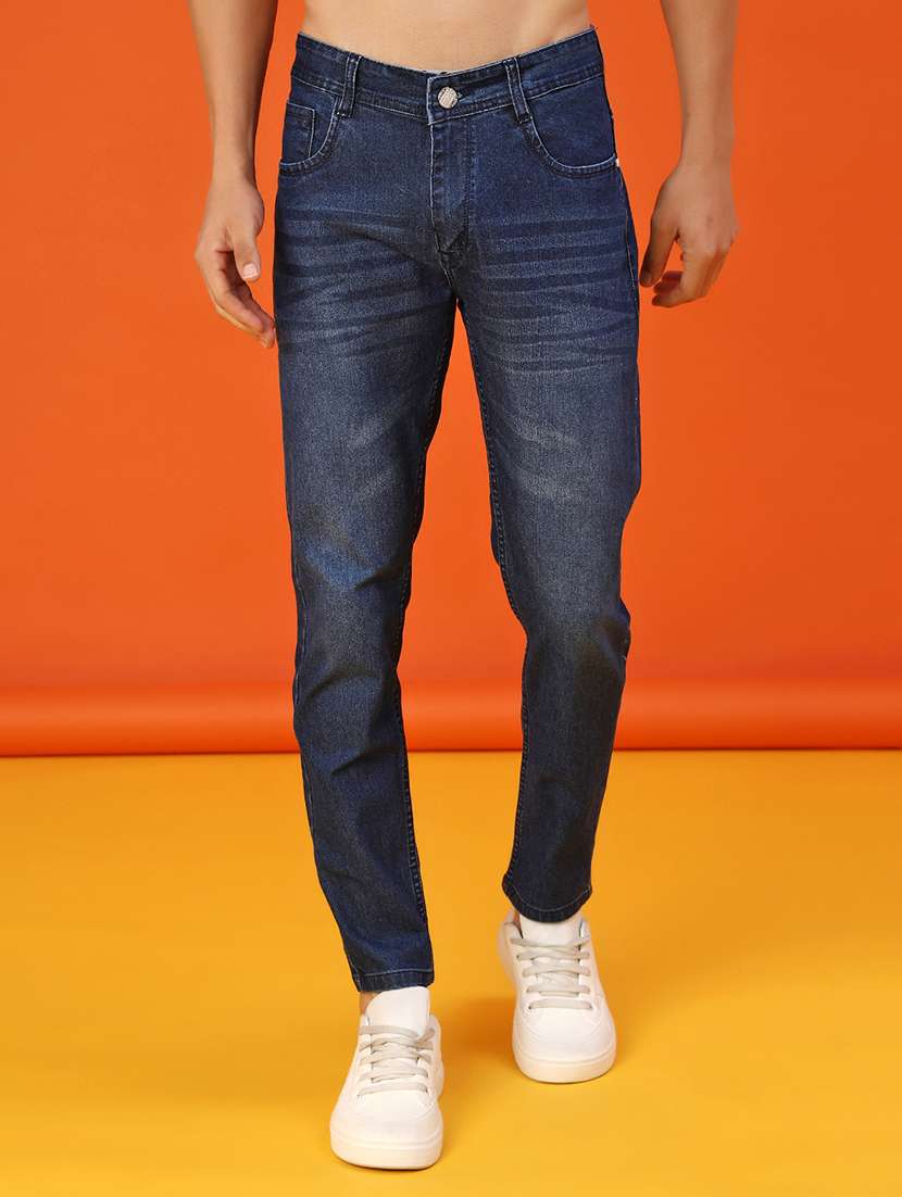 men washed mid rise full length slim fit jeans