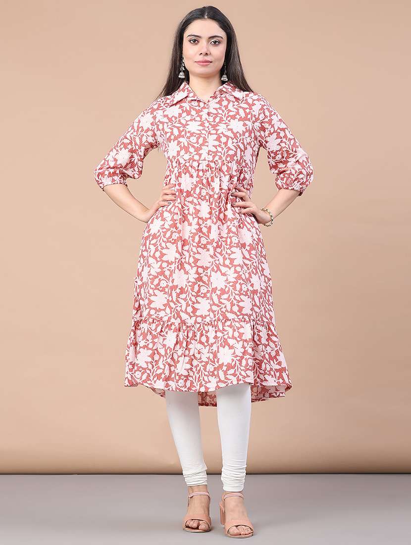 women floral three quarter sleeve tiered kurta