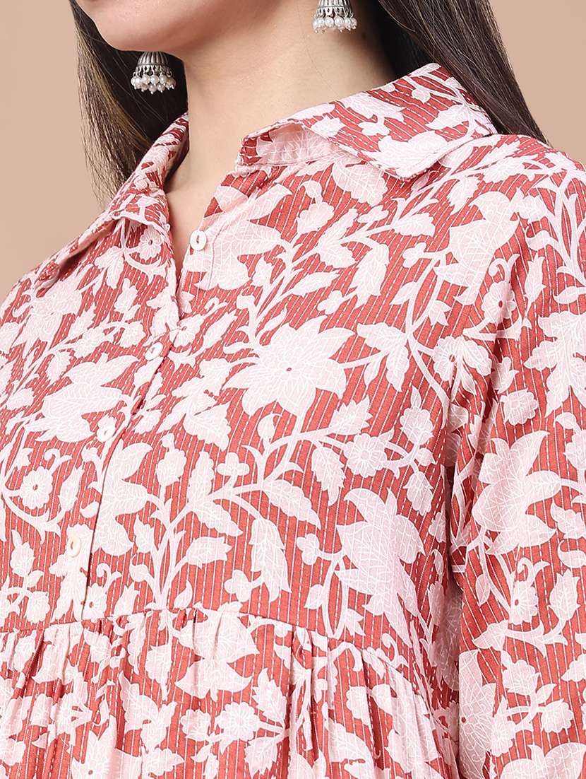 women floral three quarter sleeve tiered kurta - 22071791 -  Standard Image - 2
