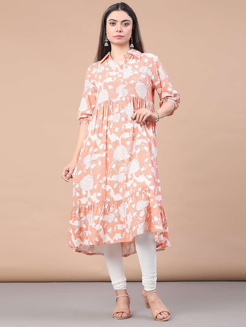 women floral three quarter sleeve tiered kurta