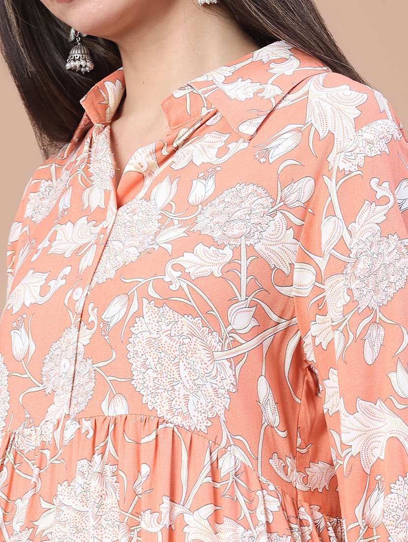 women floral three quarter sleeve tiered kurta - 22071792 -  Standard Image - 2