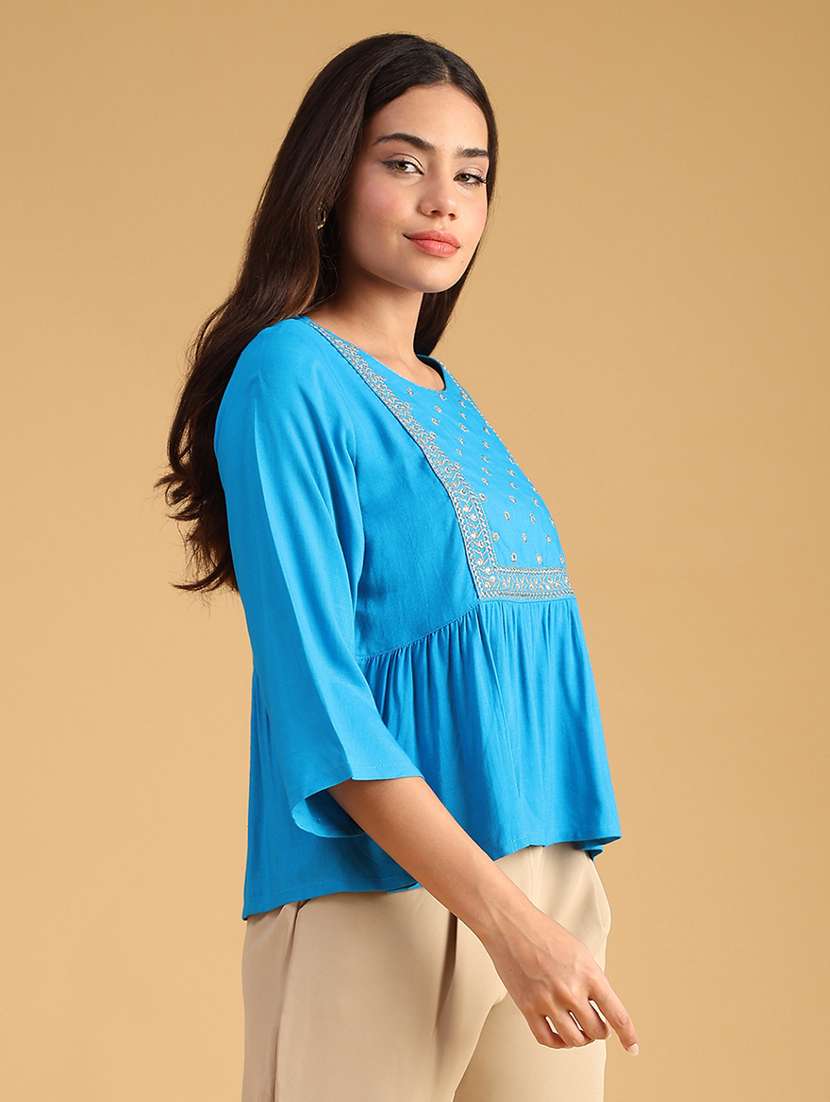 women embroidered puff sleeve flared kurti - 22071808 -  Standard Image - 2