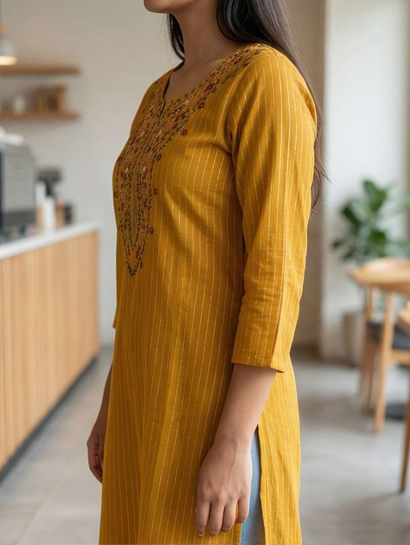 women striped three quarter sleeve straight kurta - 22071819 -  Standard Image - 2