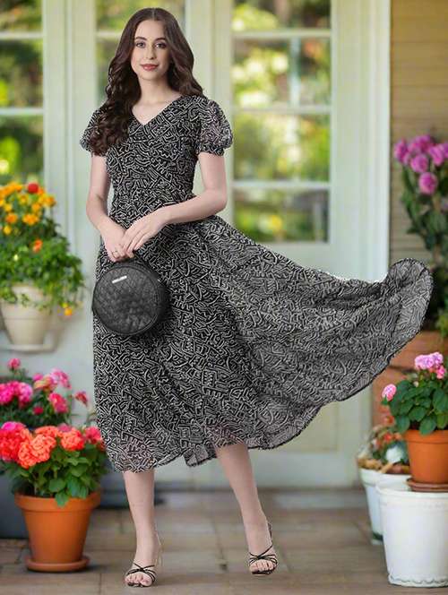 women printed flared sleeve tiered dress - 22072050 -  Standard Image - 0