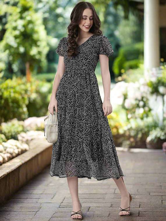 women printed flared sleeve tiered dress - 22072050 - Standard Image - 2