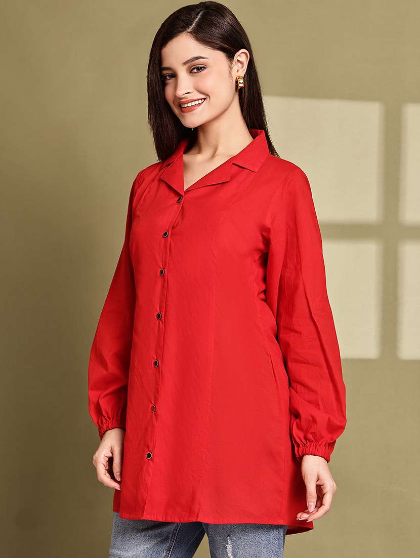 women solid lapel neck puff sleeve long shirt - 22072051 - Standard Image - 2