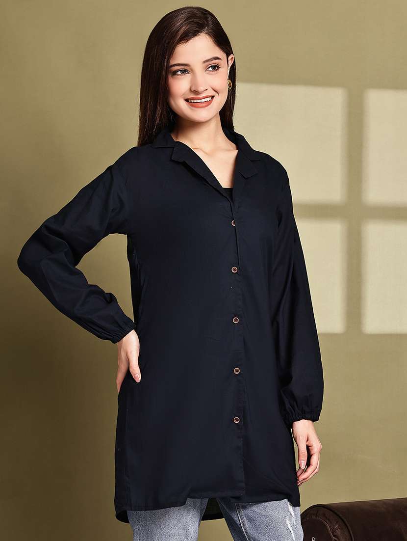 women solid lapel neck puff sleeve long shirt - 22072052 - Standard Image - 2