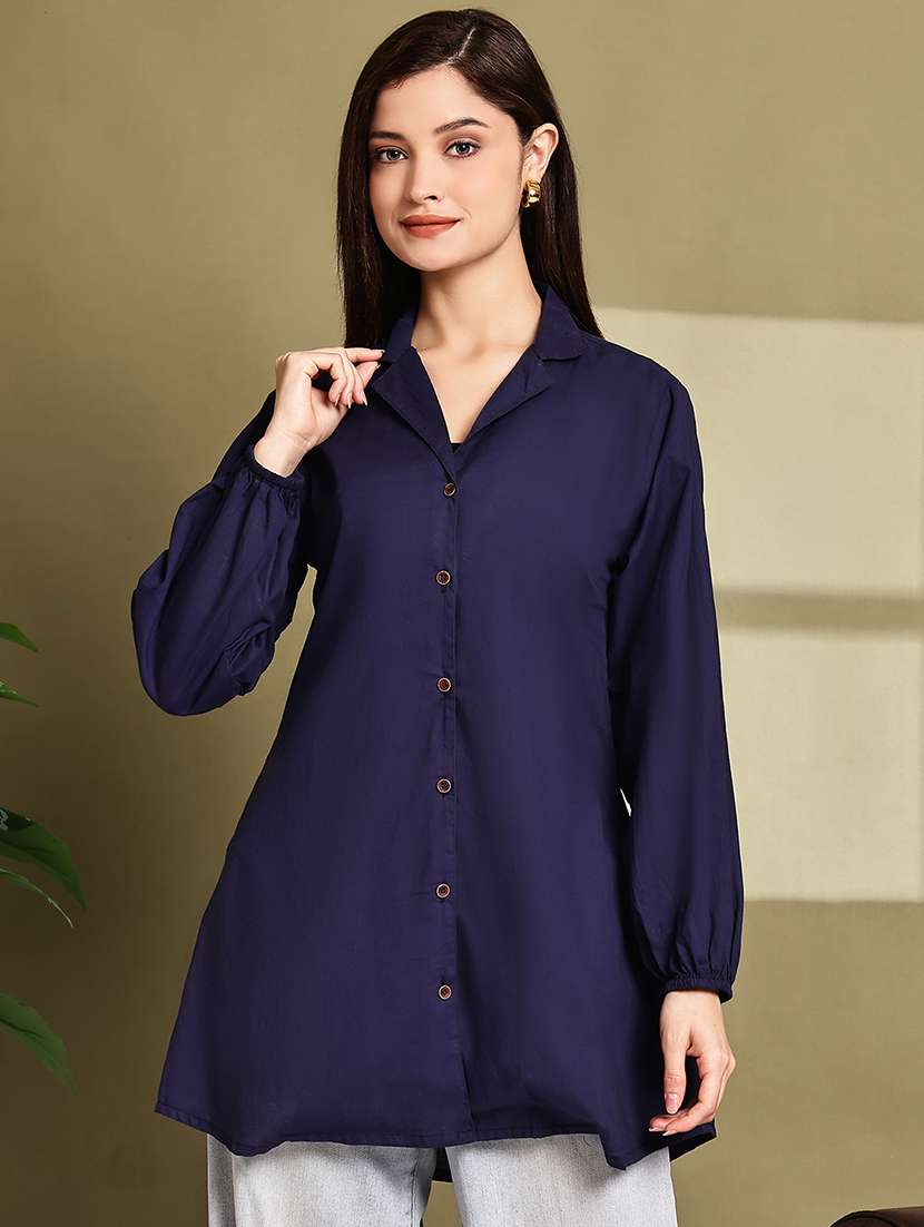 women solid lapel neck puff sleeve long shirt - 22072053 - Standard Image - 2