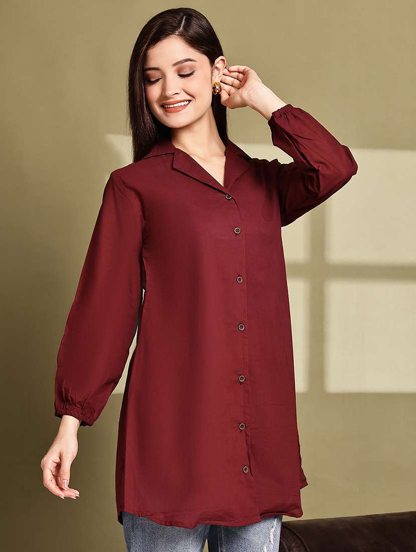 women solid lapel neck puff sleeve long shirt - 22072054 - Standard Image - 2