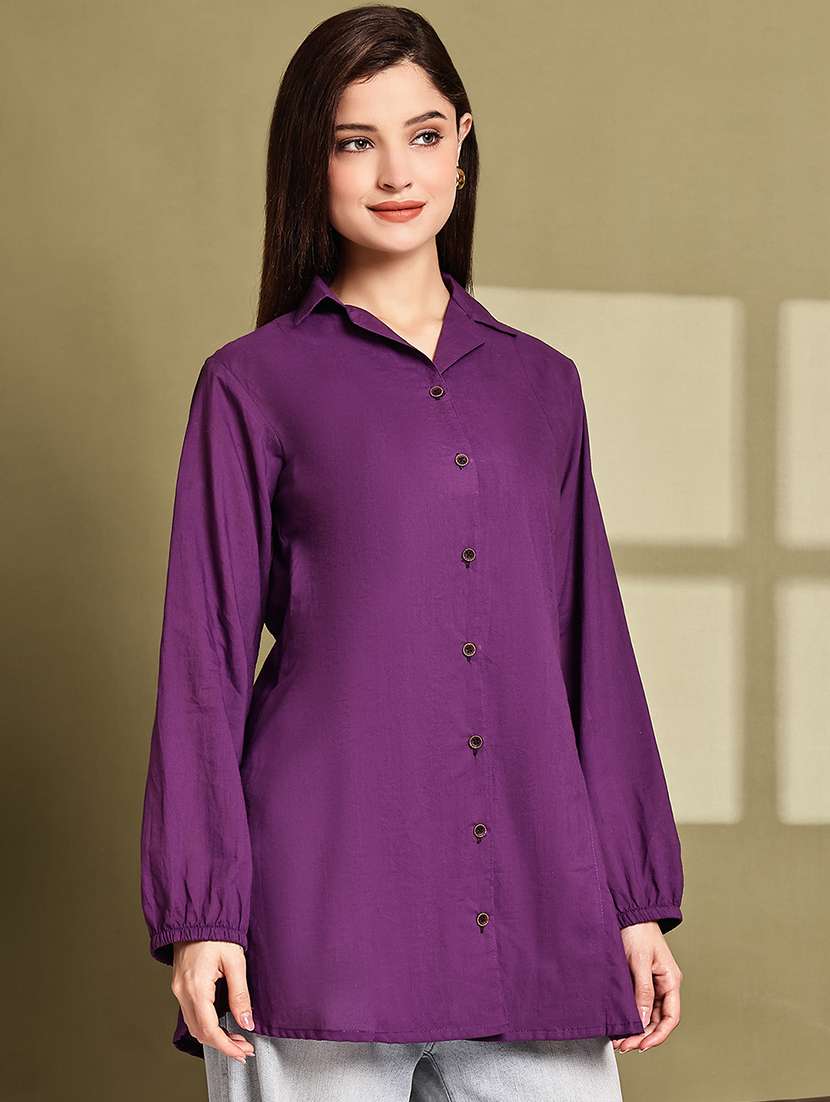 women solid lapel neck puff sleeve long shirt - 22072055 - Standard Image - 2