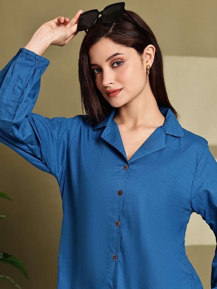 women solid lapel neck puff sleeve long shirt