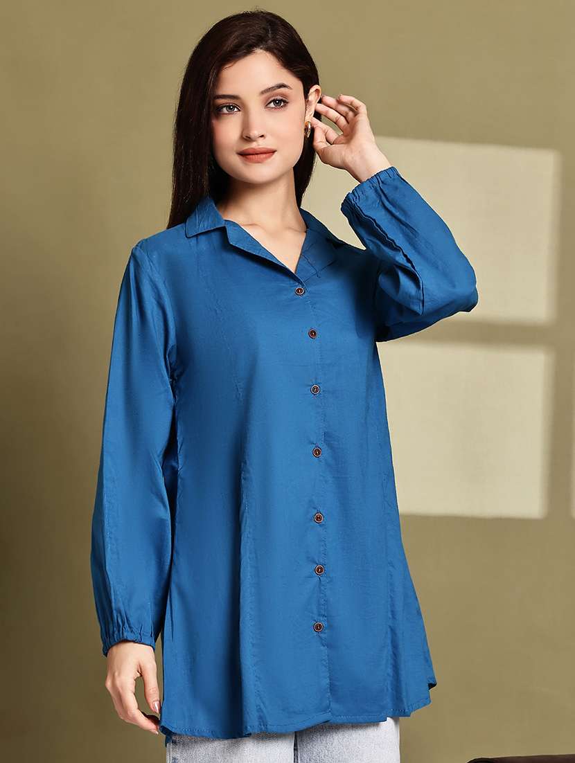 women solid lapel neck puff sleeve long shirt - 22072056 - Standard Image - 2