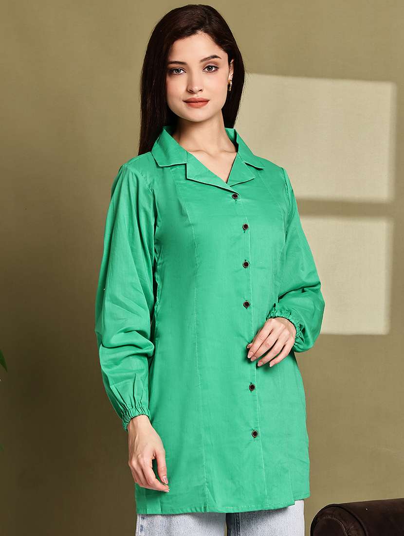 women solid lapel neck puff sleeve long shirt - 22072057 - Standard Image - 2