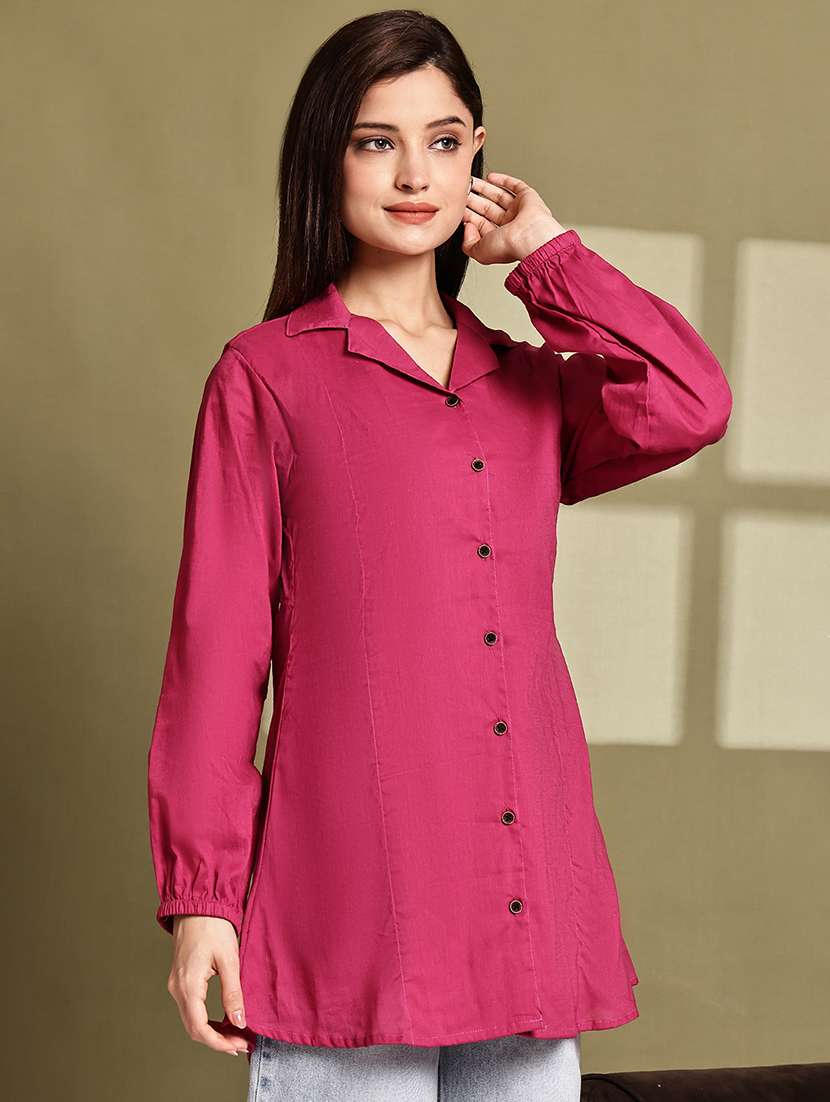 women solid lapel neck puff sleeve long shirt - 22072058 - Standard Image - 2
