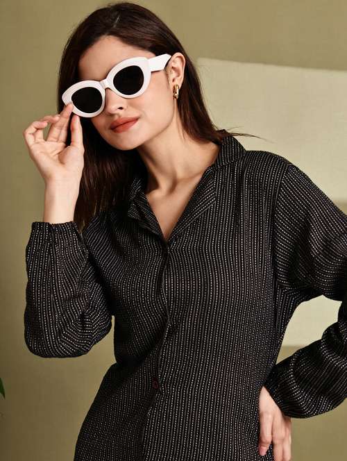 women printed lapel neck puff sleeve long shirt - 22072060 -  Standard Image - 0