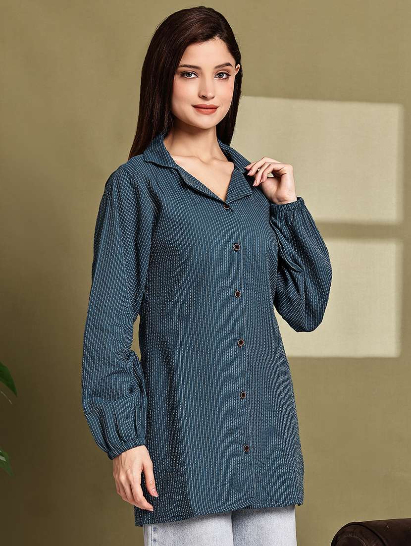 women printed lapel neck puff sleeve long shirt - 22072061 - Standard Image - 2