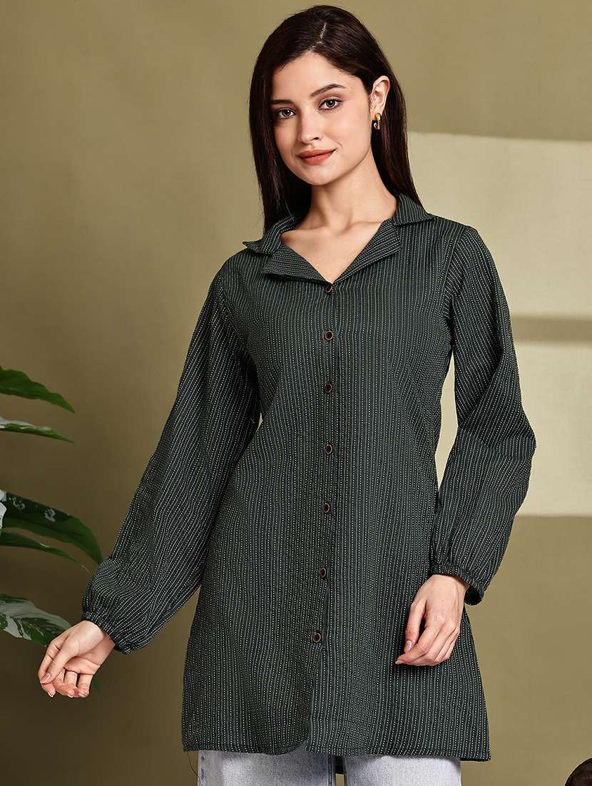 women printed lapel neck puff sleeve long shirt - 22072063 - Standard Image - 2