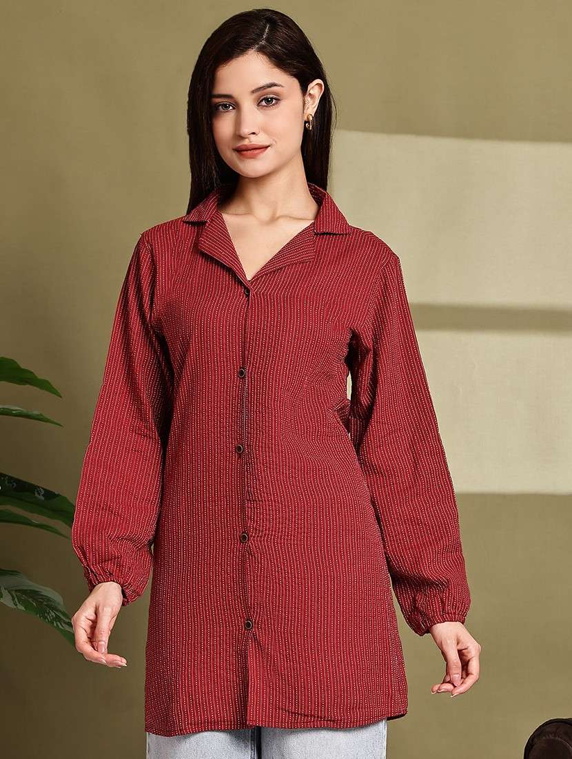 women striped lapel neck long sleeve long shirt - 22072065 - Standard Image - 2