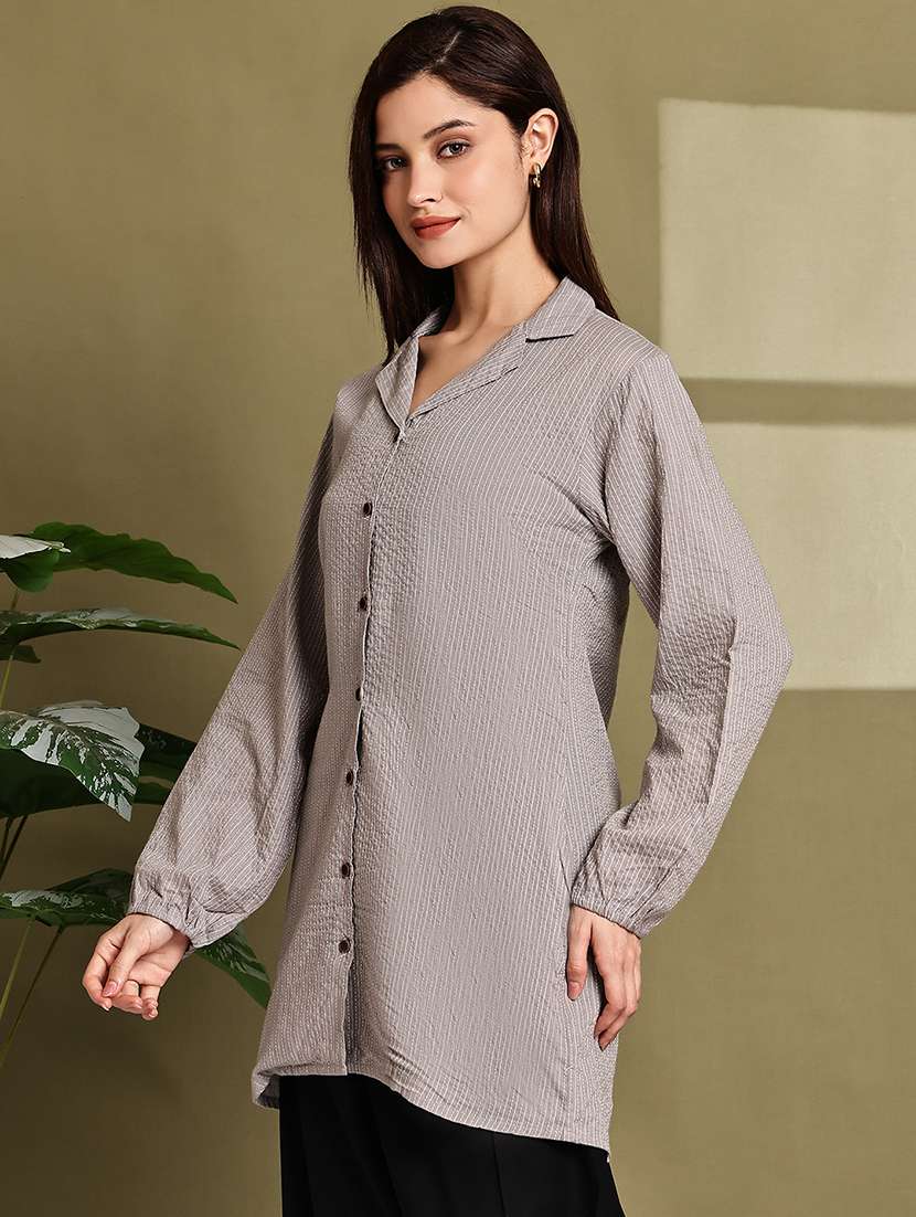 women striped lapel neck long sleeve long shirt - 22072067 - Standard Image - 2