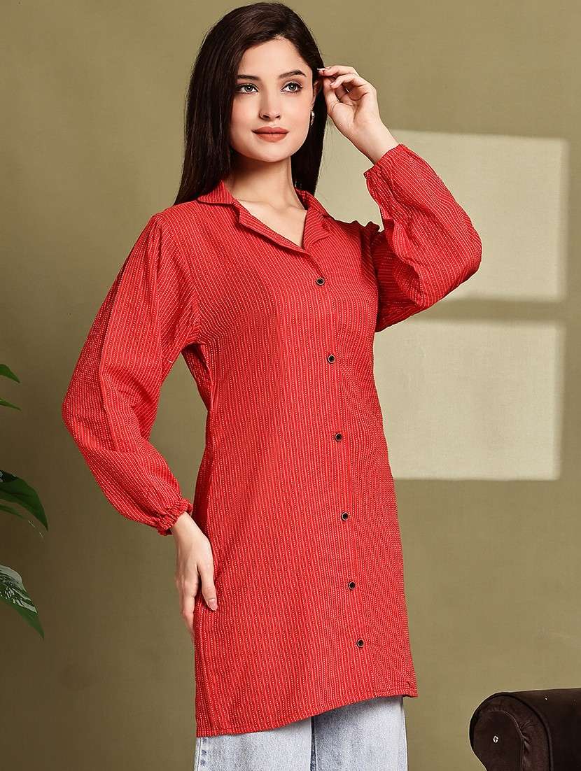 women striped lapel neck long sleeve long shirt - 22072068 - Standard Image - 2