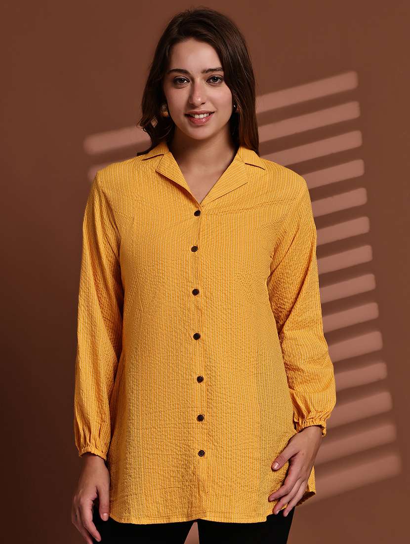 women striped lapel neck long sleeve long shirt - 22072069 - Standard Image - 2