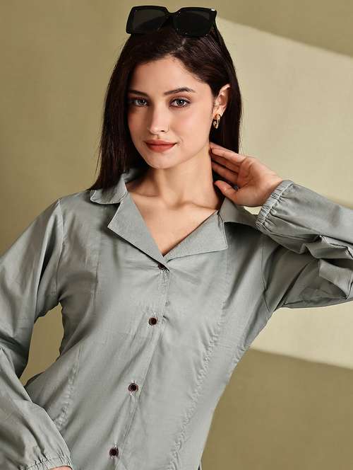 women solid lapel neck long sleeve long shirt - 22072070 - Standard Image - 0
