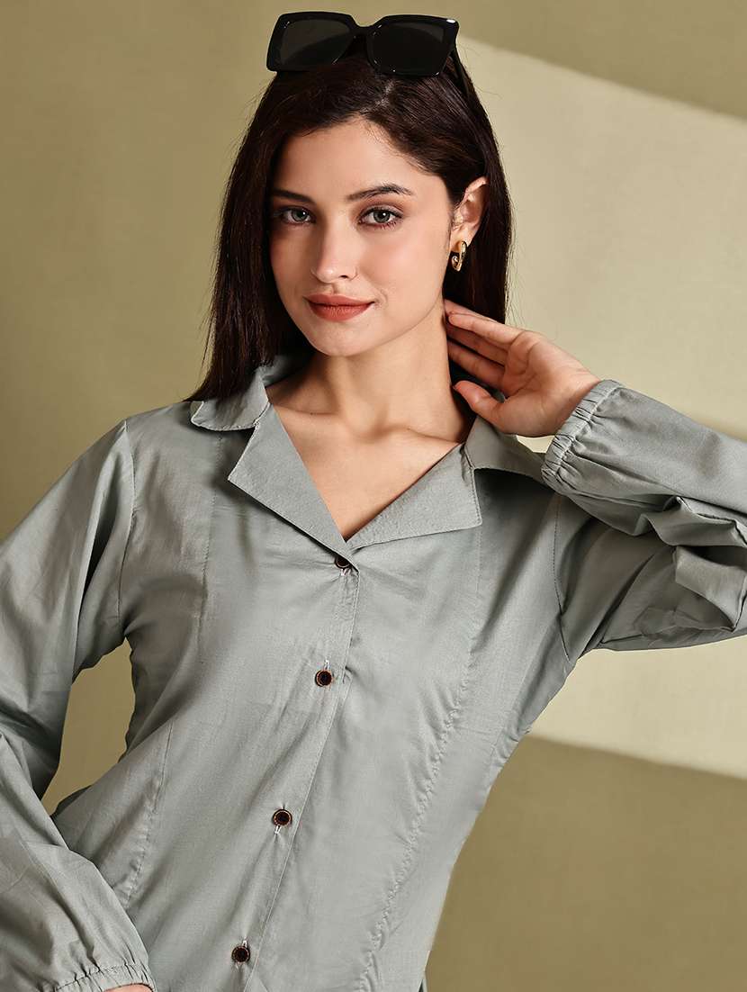 women solid lapel neck long sleeve long shirt - 22072070 - Zoom Image - 0