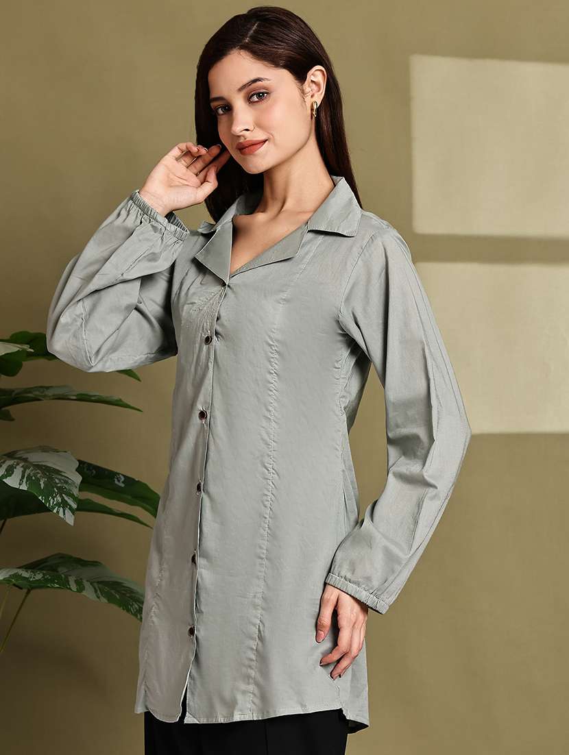 women solid lapel neck long sleeve long shirt - 22072070 - Standard Image - 2