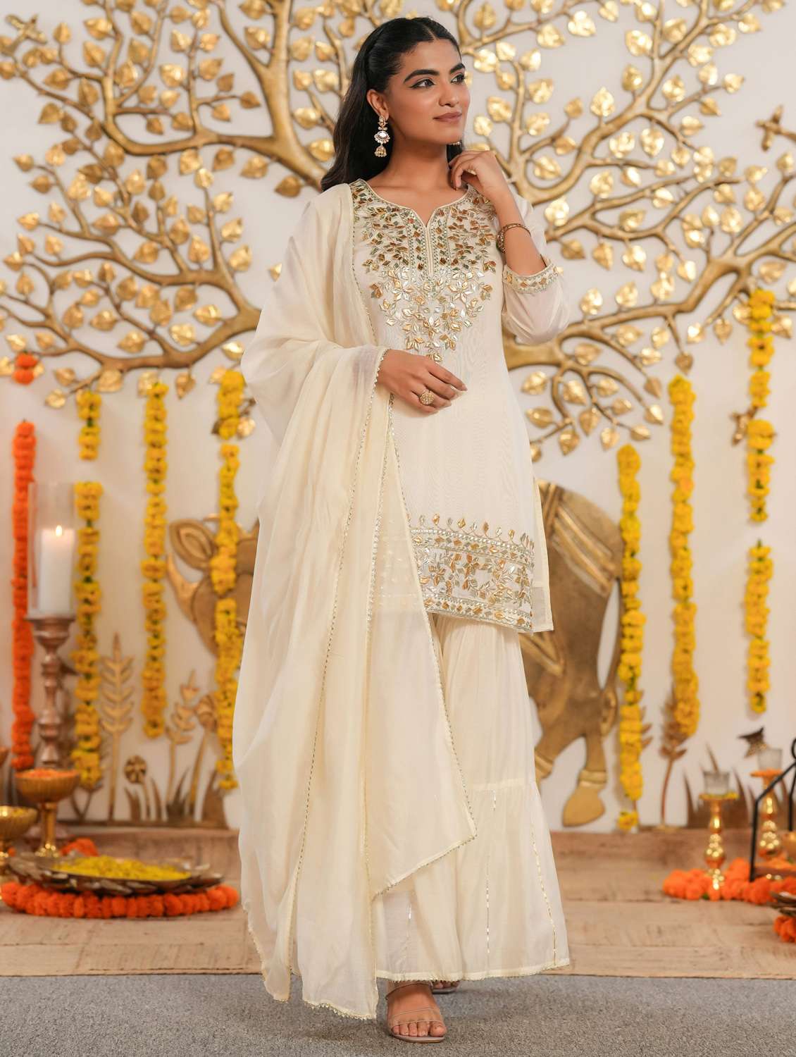 women solid with work three quarter sleeve kurta sharara with dupatta set - 22072071 -  Standard Image - 2