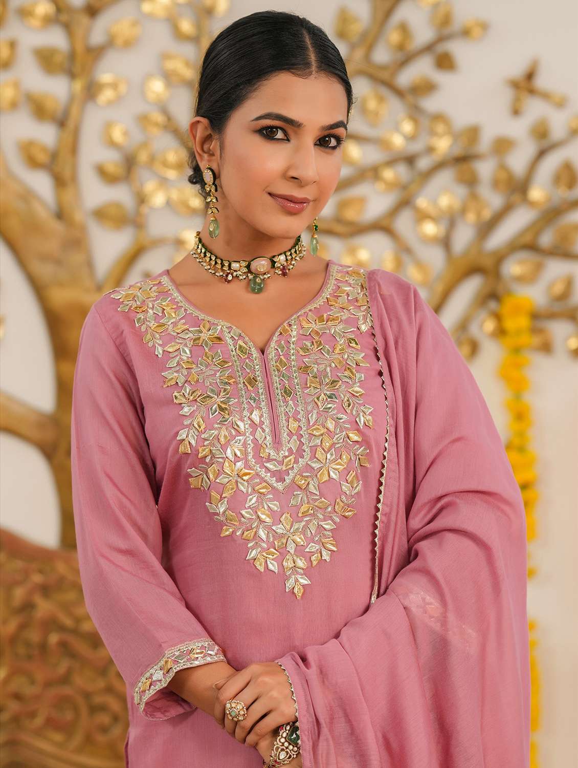 women solid with work three quarter sleeve kurta sharara with dupatta set - 22072072 -  Standard Image - 2