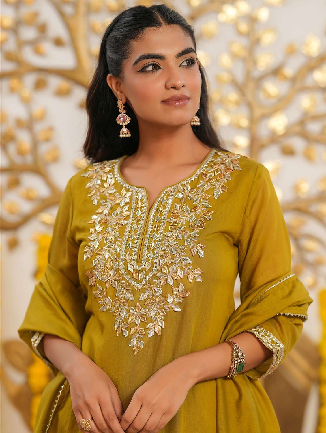 women solid with work three quarter sleeve kurta sharara with dupatta set - 22072073 - Standard Image - 2