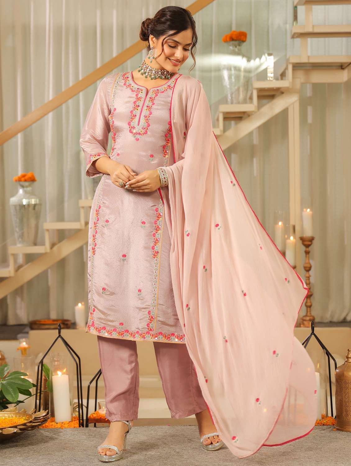 women solid with work three quarter sleeve kurta pant with dupatta set - 22072075 -  Standard Image - 2