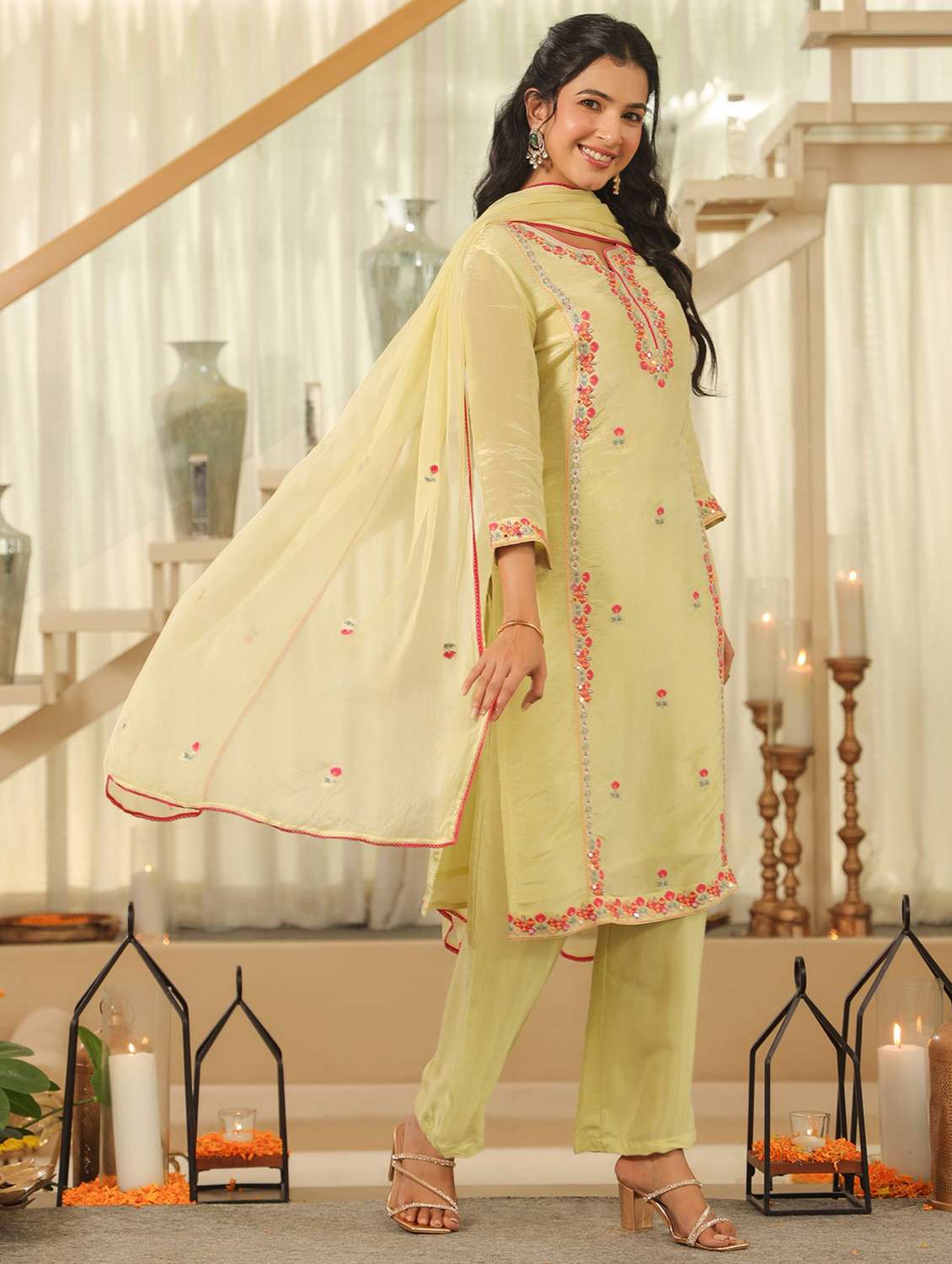 women solid with work three quarter sleeve kurta pant with dupatta set - 22072076 -  Standard Image - 2