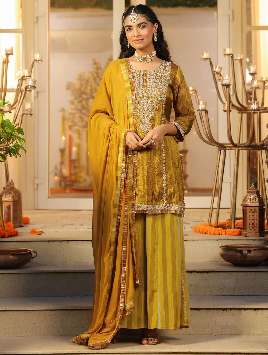 women solid with work three quarter sleeve kurta sharara with dupatta set