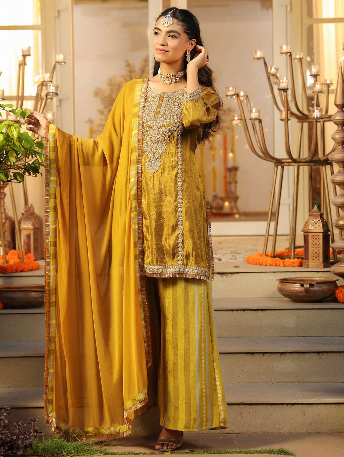 women solid with work three quarter sleeve kurta sharara with dupatta set - 22072078 -  Standard Image - 2