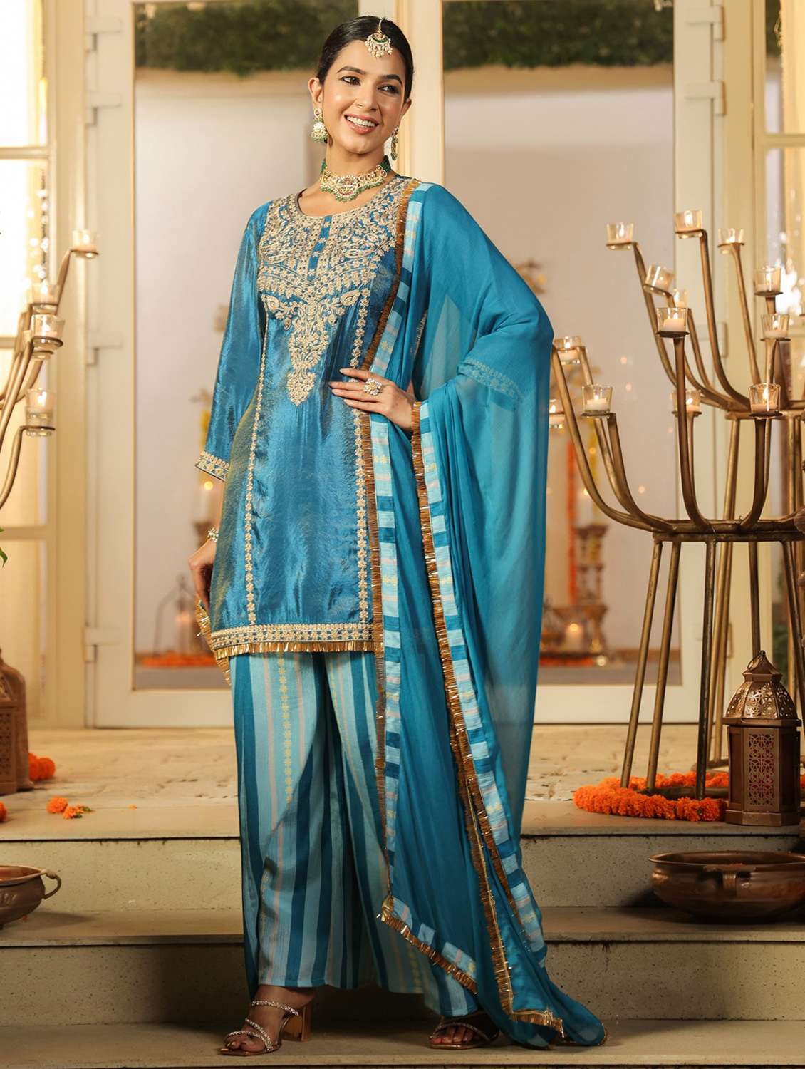 women solid with work three quarter sleeve kurta sharara with dupatta set - 22072079 -  Standard Image - 2