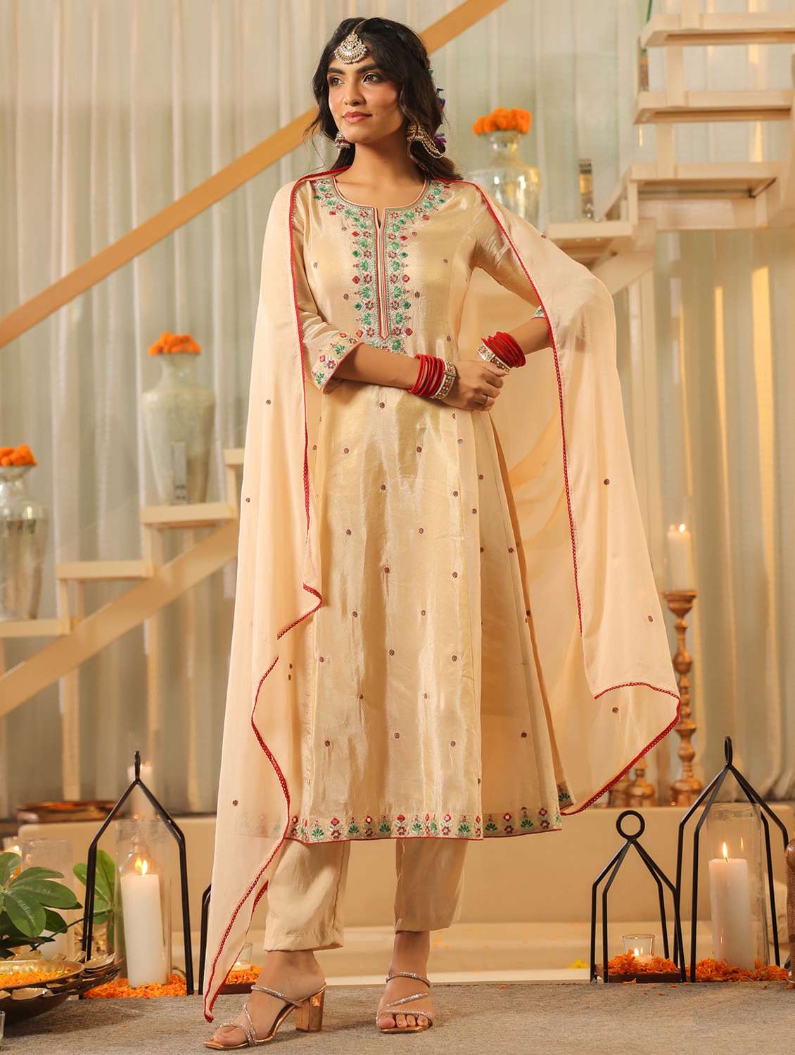 women solid with work three quarter sleeve kurta pant with dupatta set - 22072081 -  Standard Image - 2