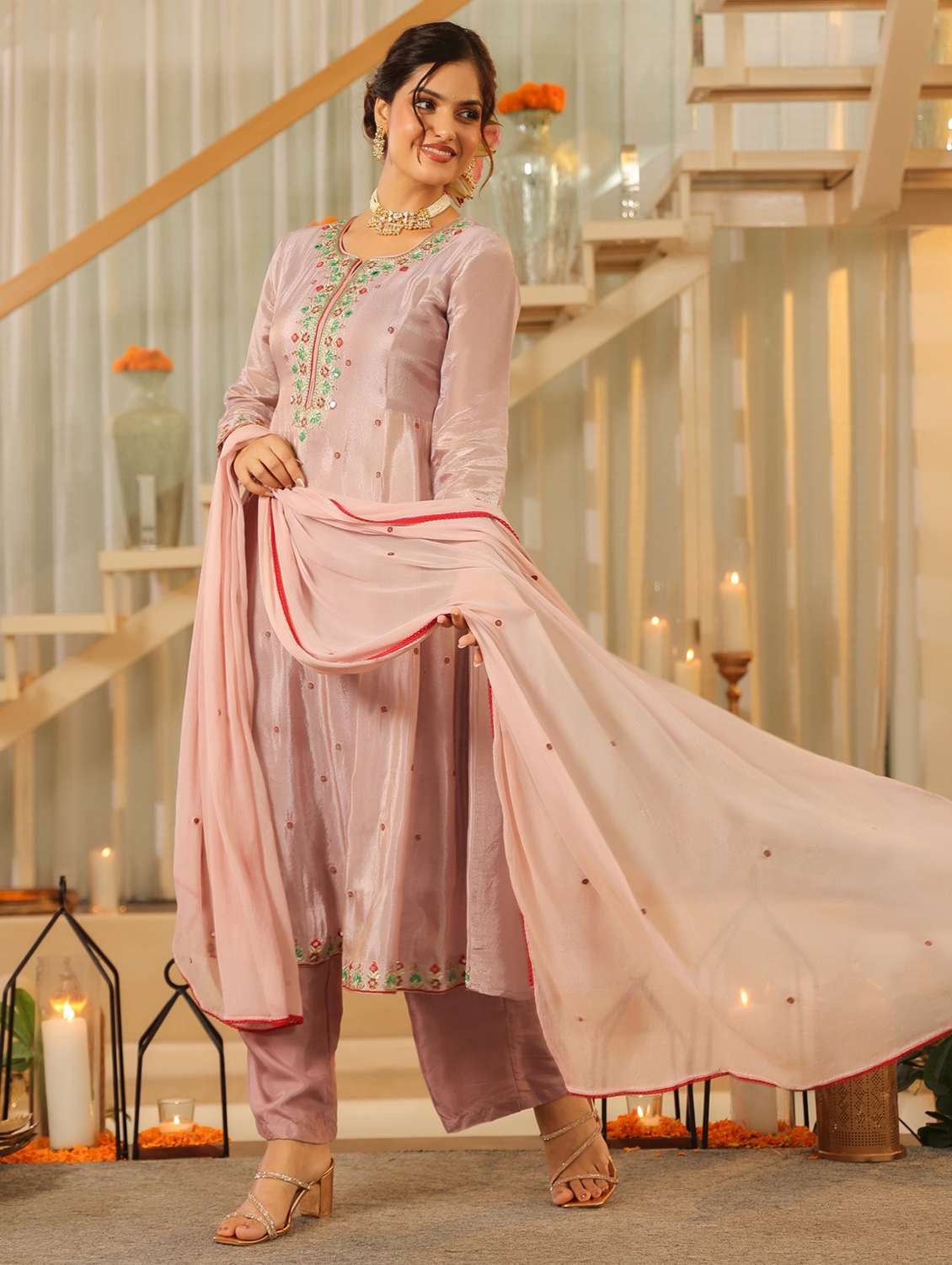 women solid with work three quarter sleeve kurta pant with dupatta set - 22072082 -  Standard Image - 2